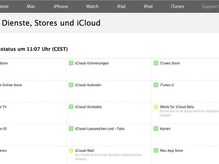 Auf der offiziellen Webseite &quot;Apple Dienste, Stores und iCloud&quot; listet Apple die Schwierigkeiten auf ...