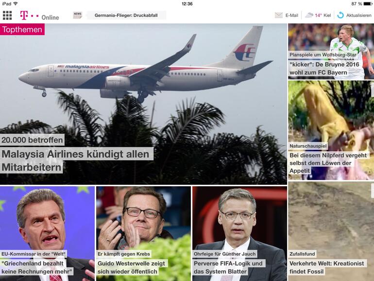 Die neue T-online.de-App für das iPad besticht durch die Kacheloptik.