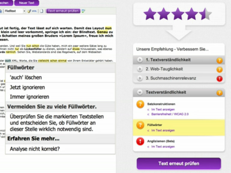 Lingulab im Einsatz: Note als Sterne, darunter Tipps für die Verbesserung des analysierten Textes.