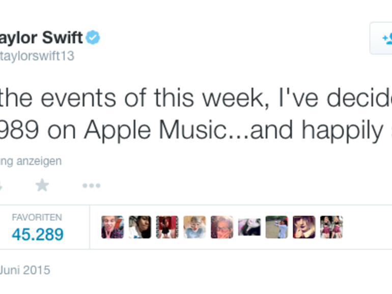 Swift gab via Twitter bekannt, dass ihr Album „1989“ bei Apple Music streamen wird.