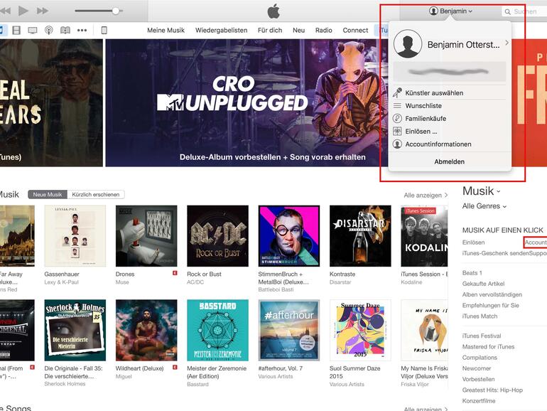 Alternativ können Sie auch in der Leiste rechts auf "Account" klicken