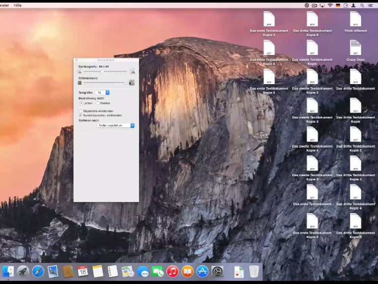 Dateien auf dem Schreibtisch von OS X 10.10 Yosemite lassen sich an einem Raster ausrichten