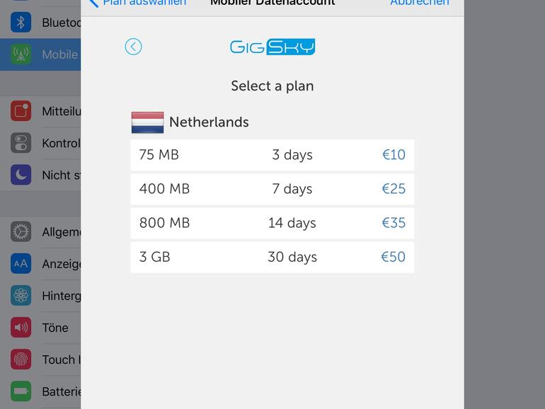 Aktuell gehören EE, GigSky und T-Mobile zu Apples Partnern für die Apple SIM. Sowohl in Deutschland als auch in den Niederlanden sind derzeit allerdings nur Pakete von GigSky buchbar.