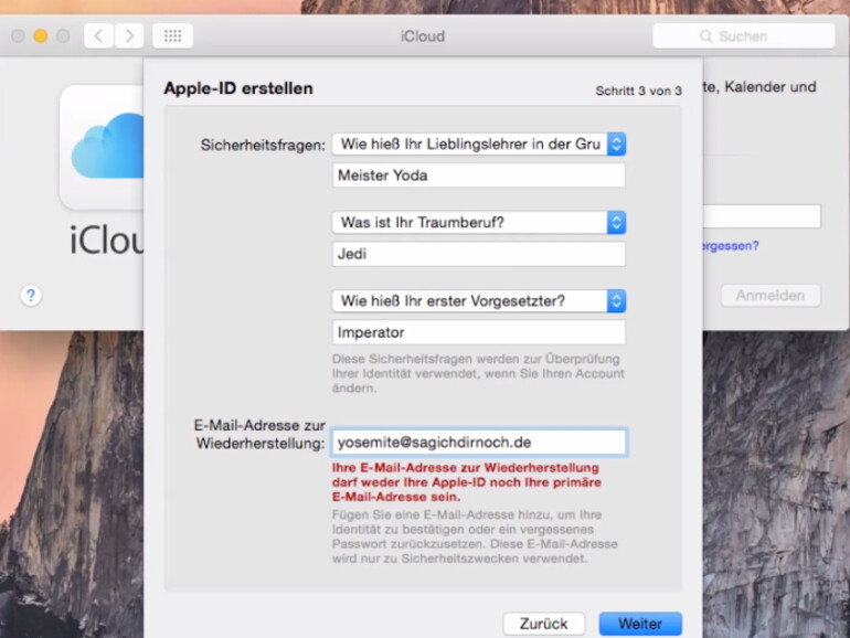 Der Zweck der Sicherheitsfragen ist, dass Apple den Nutzer eindeutig identifizieren kann
