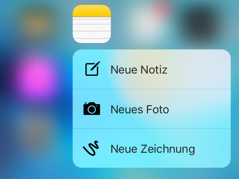 Einige Apps bieten per Force Touch direkt vom Homescreen bestimmte Funktionen an. So lässt sich zum Beispiel eine neue Notiz anfangen.