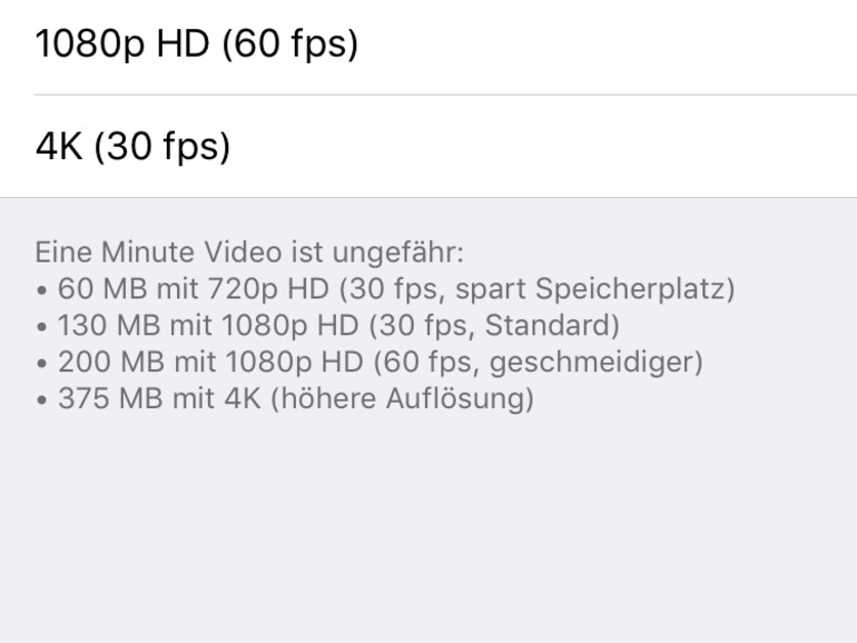 In den Einstellungen für „Fotos & Kamera“ lässt sich die Aufnahme von 4K-Videos auswählen.