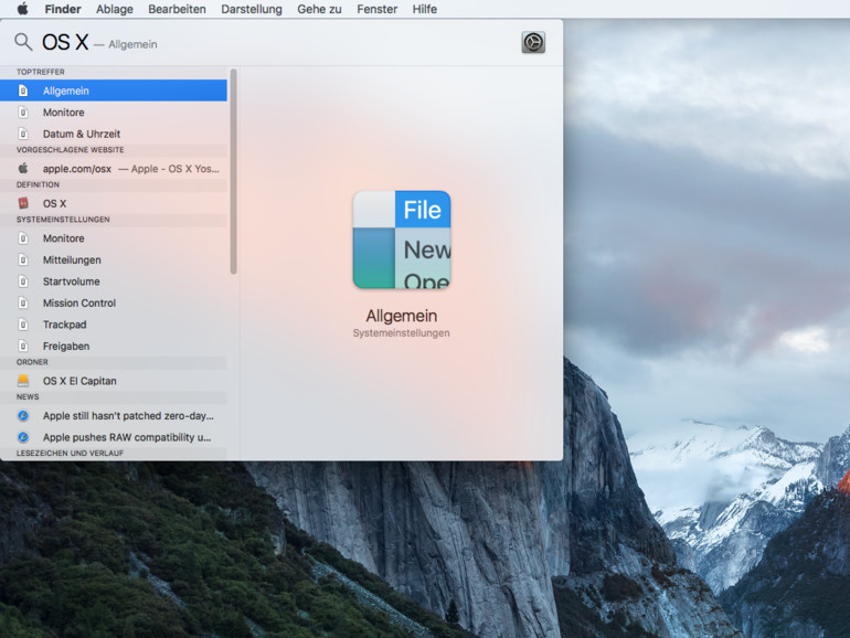 OS X El Capitan SpotlightFenster vergrößern und