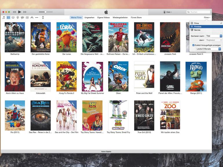 Ihre iTunes-Videothek lässt sich nach bestimmten Vorgaben anzeigen und sortieren.