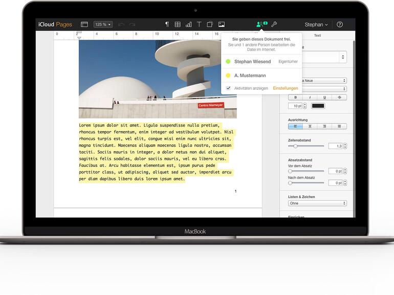 Arbeiten zwei Anwender gleichzeitig an einem iWork-Dokument, zeigen farbige Markierungen die Änderungen des anderen Nutzers.