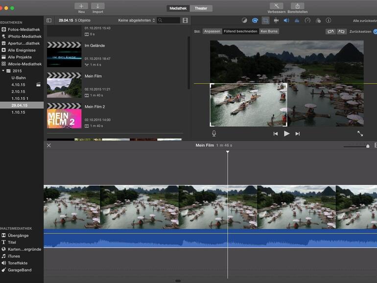 Videos kann man sowohl in der Ereignis-Ansicht als auch im Schnittfenster beschneiden. Im Schnittfenster stehen dabei mehr Optionen zur Verfügung, etwa ein Ken-Burns-Effekt.