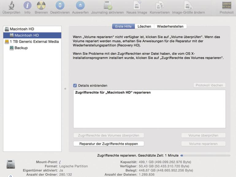 Die Reparatur der Zugriffsrechte mit dem Festplattendienstprogramm empfiehlt sich nur bei ernsthaften Problemen.
