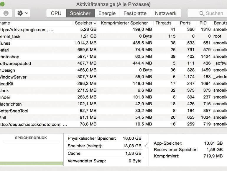 In der Aktivitätsanzeige können Sie sich einen Überblick über den verwendeten Arbeitsspiecher verschaffen.