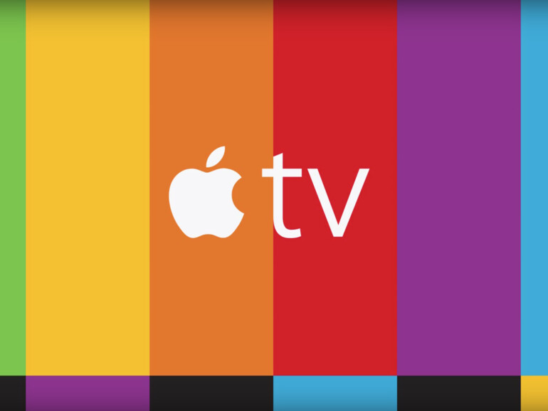 Das Apple TV-Logo vor einem Fernsehtestbild