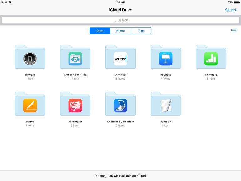 Mit der App iCloud Drive erhältst du eine Dateiverwaltung für bei iCloud gespeicherte Dokumente. Viele Dateien lassen sich weiterleiten, exportieren oder auch löschen, damit der Speicher wieder frei ist.