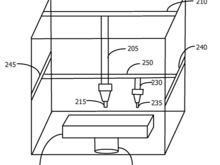 Schematischer Aufbau des 3D-Farbdruckers aus dem Patentantrag 20150343704