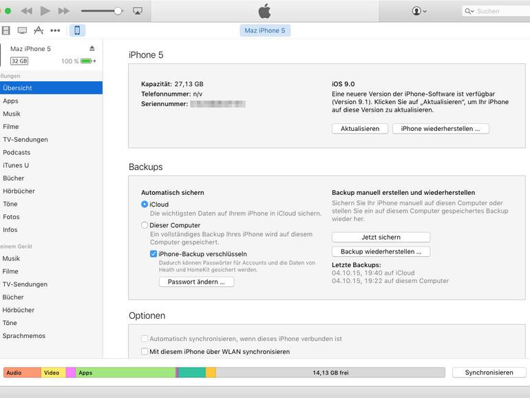 Wer das Backup über iTunes macht, muss selbst daran denken, spart aber viel Platz auf dem iCloud-Konto.