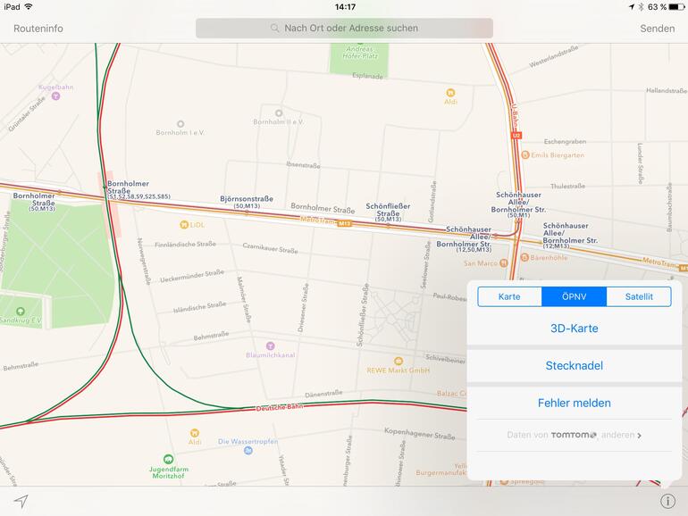 Die ÖPNV-Kartenansicht hebt zur besseren Darstellung Bahn- und Buslinien auf der Karte deutlich hervor.