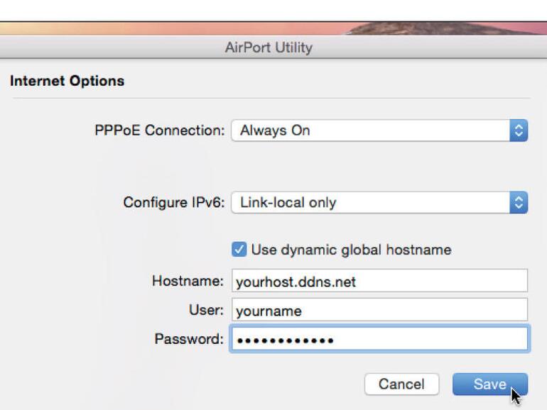 Um auf Geräte zuzugreifen, die an deine AirPort-Hardware angeschlossen ist, solltest du einen dynamischen DNS nutzen.