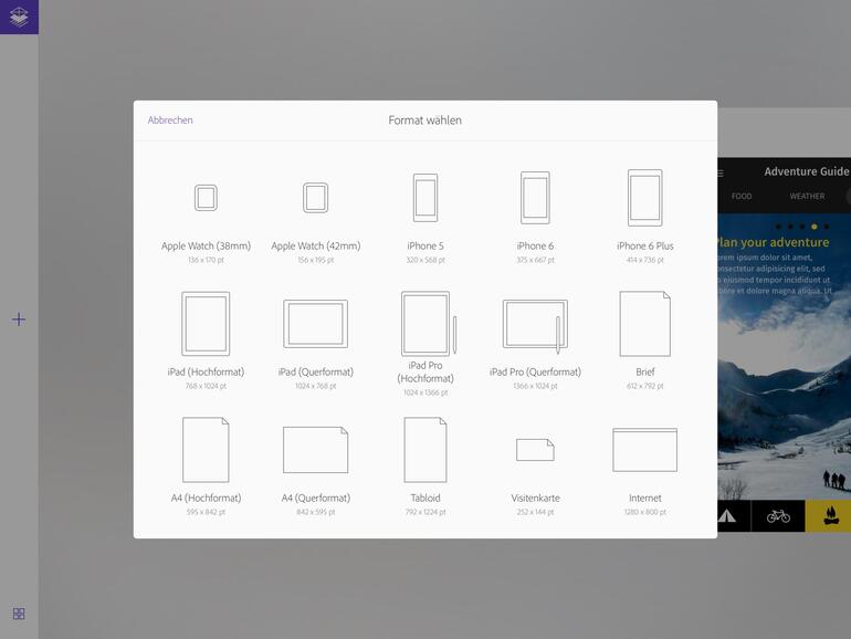 Format wählen: Vorlagen für gängie Druck- und Bildschirmgrößen sind dabei.