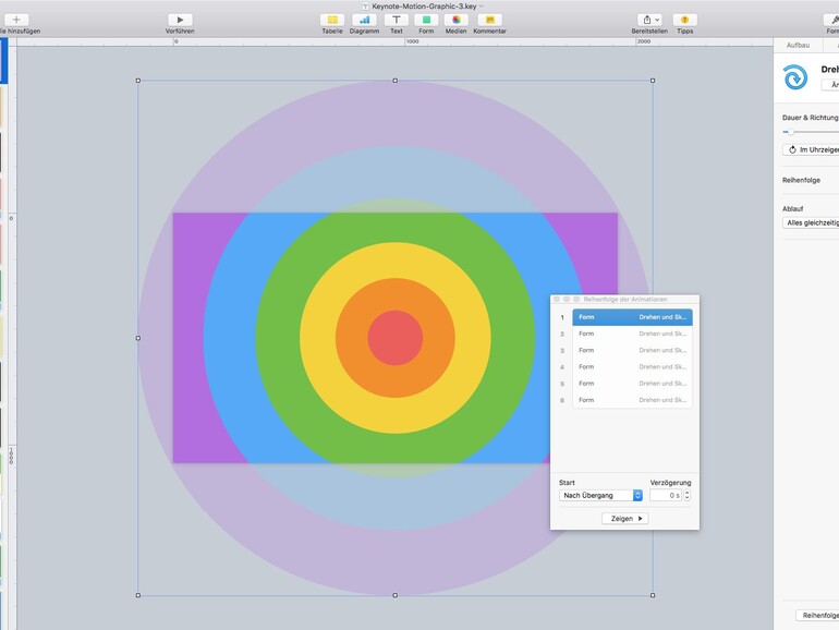 Im Film von Linda Dong sind einfach sechs Kreise übereinander gelegt worden, die mit einer Animation aus der Folie fliegen.“Reihenfolge der Animationen“ steuert dabei, welcher Kreis sich zuerst herausbewegt. Das ergibt den räumlichen Effekt.