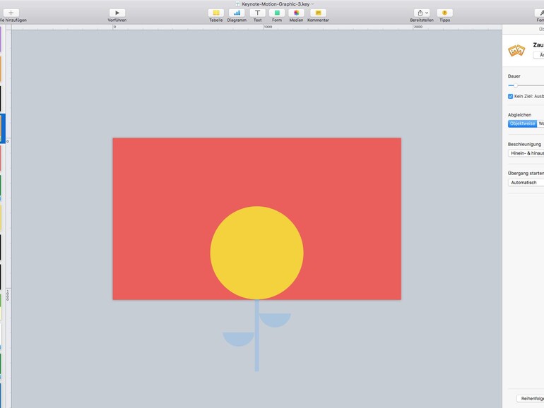 Hier kommt der Effekt „Zauberei“ zum Einsatz: Er bewegt Objekte von ihren Positionen auf einer Folie zur nachfolgenden und lässt hier eine Blüte sich öffnen.