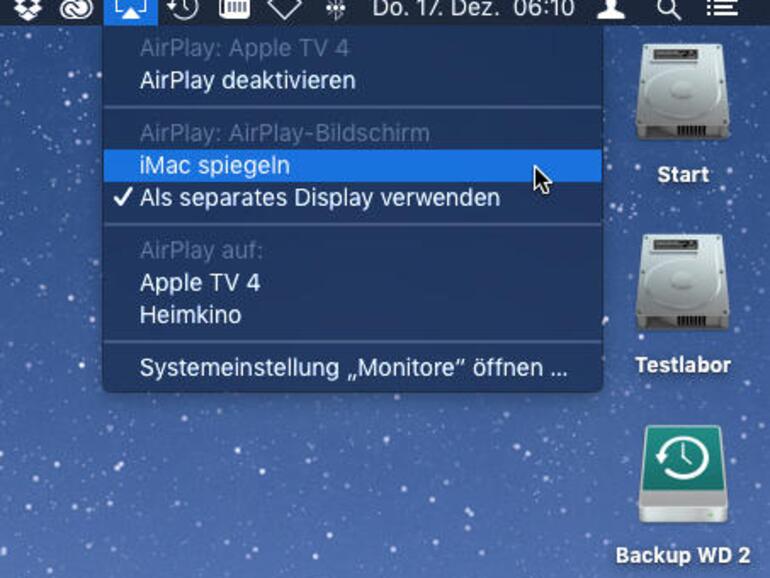 Über das AirPlay-Menü kannst du schnell die Ausgabe aktivieren oder den Modus wechseln.