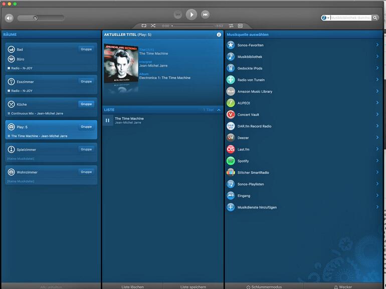 Der Sonos-Controller ist die Steuerzentrale für die Multiroom-Anlage (hier auf dem Mac). Über den Controller kann man von allen Geräten aus das System einrichten, Musikdienste hinzufügen und steuern, aus welcher Quelle in welchem Raum Musik gespielt wird.