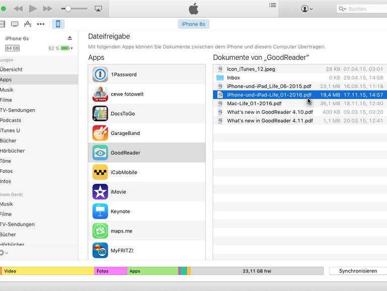 Das iCloud Drive steht als zentraler Internet-Speicherplatz auf Mac und iOS-Geräten zur Verfügung (unteres Bild). Der Austausch über iTunes ist zwar etwas aus Mode gekommen, aber immer noch sehr schnell und praktisch.