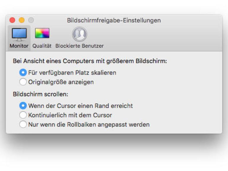 Die Einstellungen des Bildschirmfreigabe-Programms erlauben neben Voreinstellungen auch das Blockieren von Benutzern.