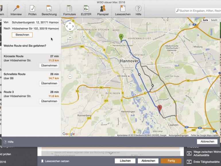 Der Routenplaner hilft Anwendern mit Alternativberechnungen über Google Maps, für die Pendlerpauschale oder bei Reisekosten die steuerlich günstigste Fahrtstrecke zu ermitteln.