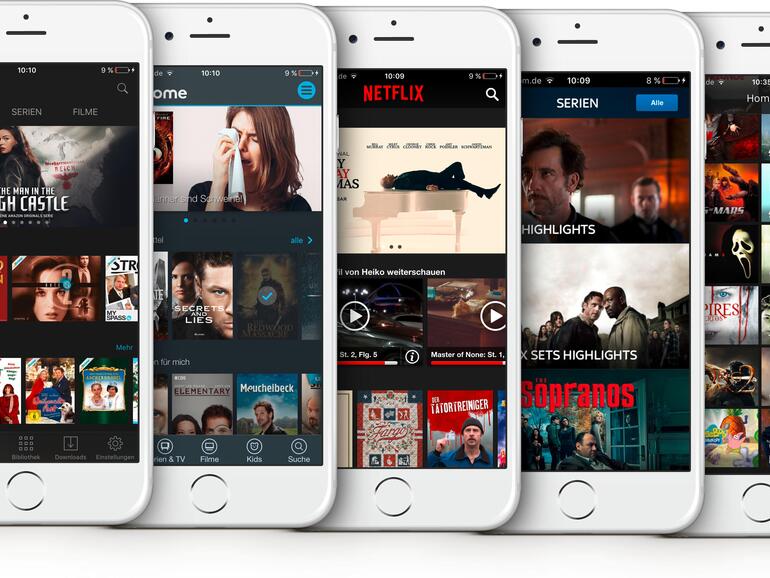 Von links nach rechts: Die iPhone-Apps von Amazon, Maxdome, Netflix, Sky und Watchever.