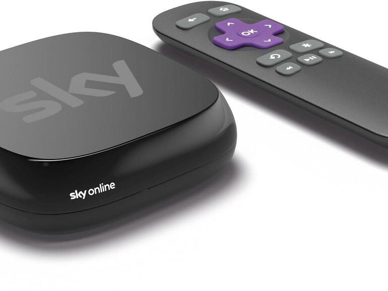 Sky Online bietet eine Roku-Box mit Sky-Branding an, um Inhalte auf dem Fernseher betrachten zu können.
