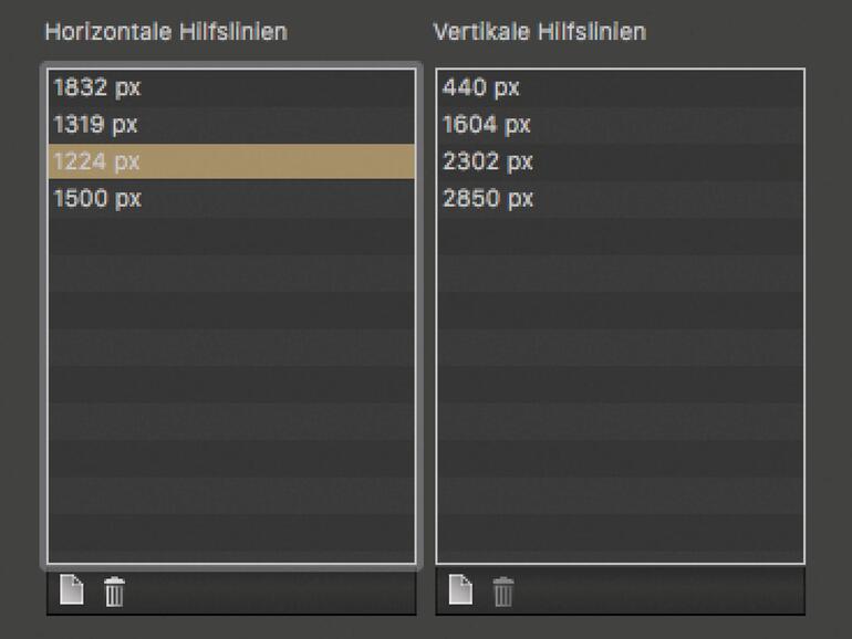 Mit den unten stehenden Schaltflächen kannst du neue Hilfslinien erzeugen oder bestehende löschen. Um die Position zu ändern, klickst du doppelt auf den Zahlenwert.