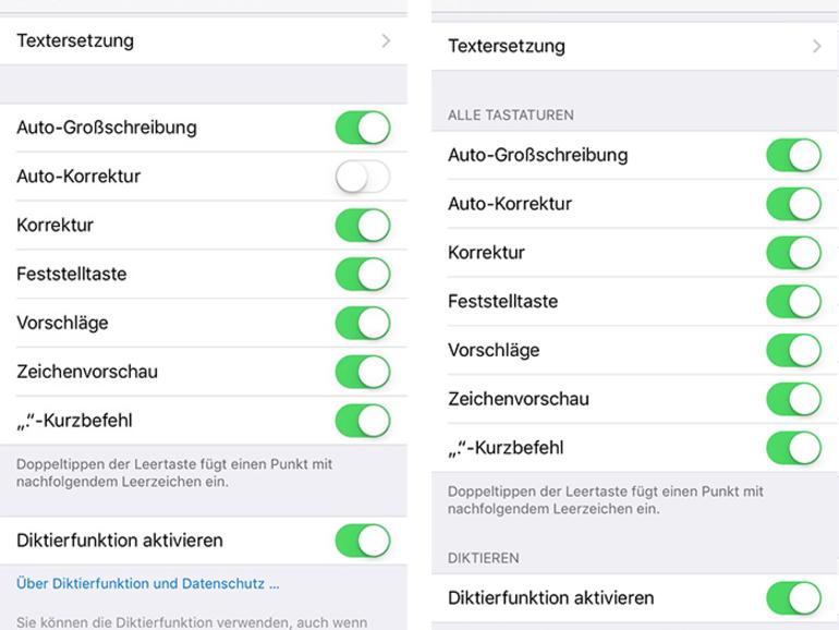 Beide Screenshots zeigen ein iPhone 6s während der iOS 9.3 Beta