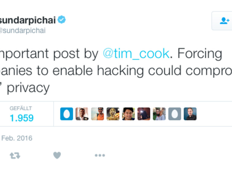 Google-Chef Sundar Pichai veröffentlichte fünf Tweets, in denen es um den Konflikt von Apple mit den US-Behörden geht.