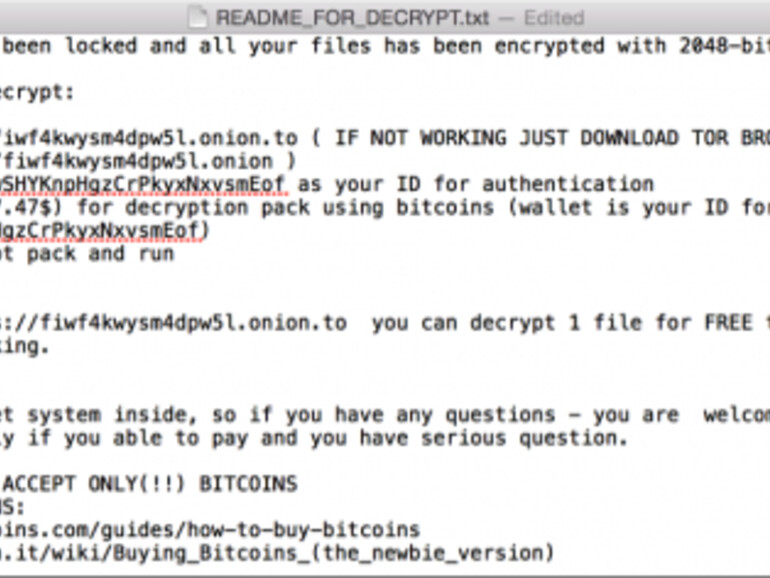 Der Erpresserbrief wird im Terminal angezeigt