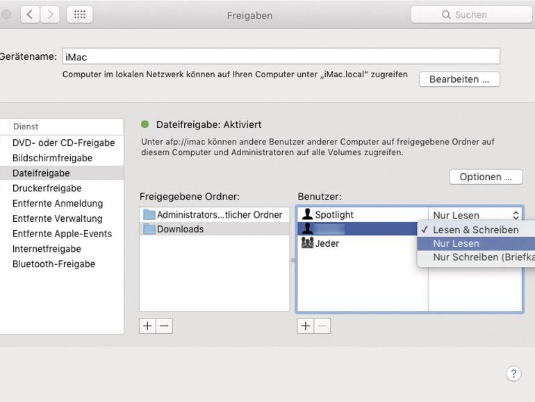 In den Freigaben bestimmst du, wer auf welche freigegebenen Ordner zugreifen darf und was für Rechte er dort bekommt.