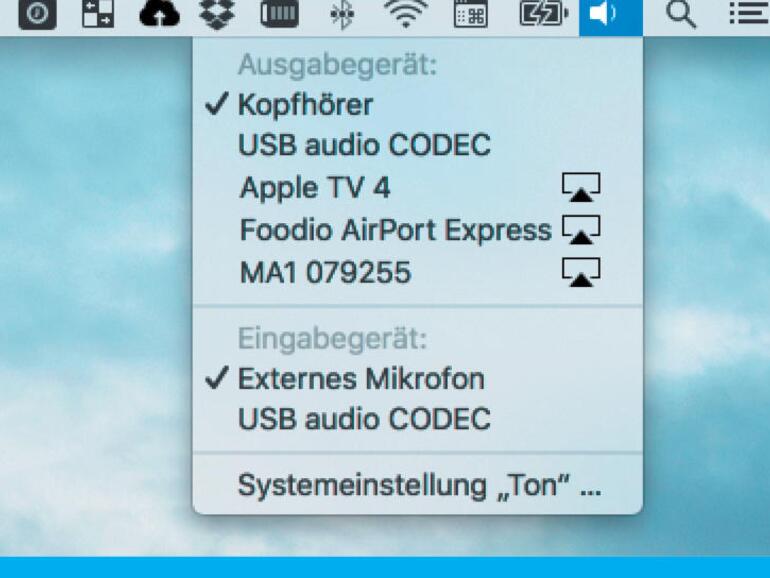 Klickst du mit gedrückte [alt]-Taste auf das Lautsprecher-Symbol, siehst du die verfügbaren Audioein- und -ausgänge.