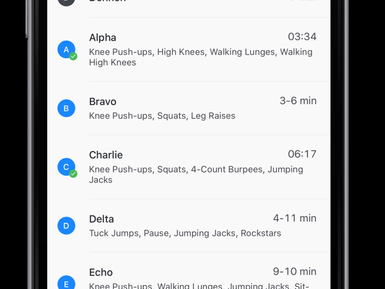 In Kategorien von Alpha bis Victor werden die unterschiedlichen Workouts übersichtlich in der App dargestellt.