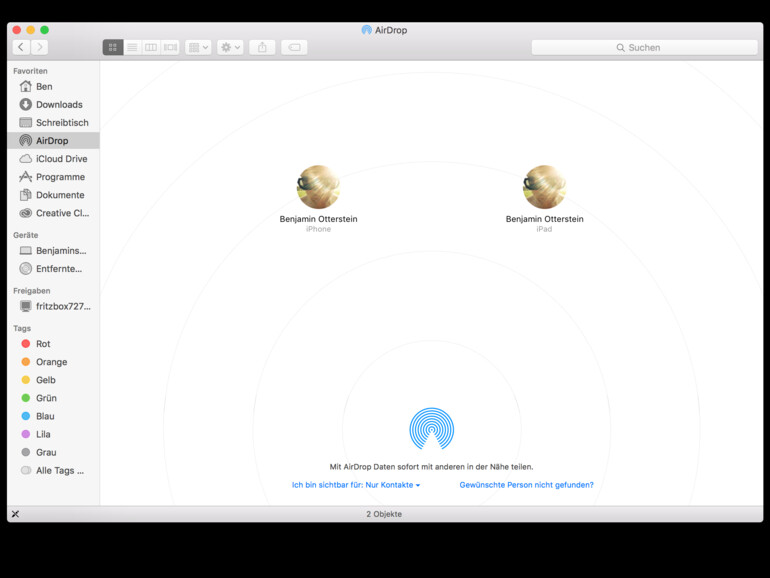 Im Finder unter "AirDrop" werden alle für die Übertragung verfügbaren Geräte angezeigt