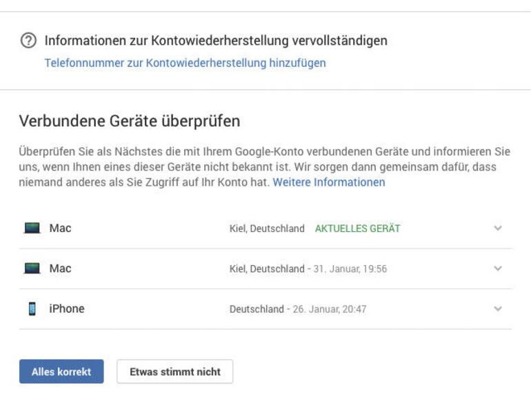 Der Sicherheitscheck: Hier sieht man unter anderem, welche Geräte Zugriff auf das Google-Konto haben.
