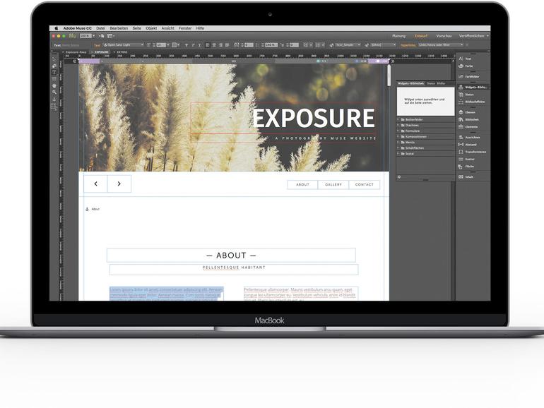 Die Benutzeroberfläche von Muse ähnelt stark der von InDesign: Texte und Bilder sind in Rahmen eingefasst und können wie in InDesign bearbeitet werden.