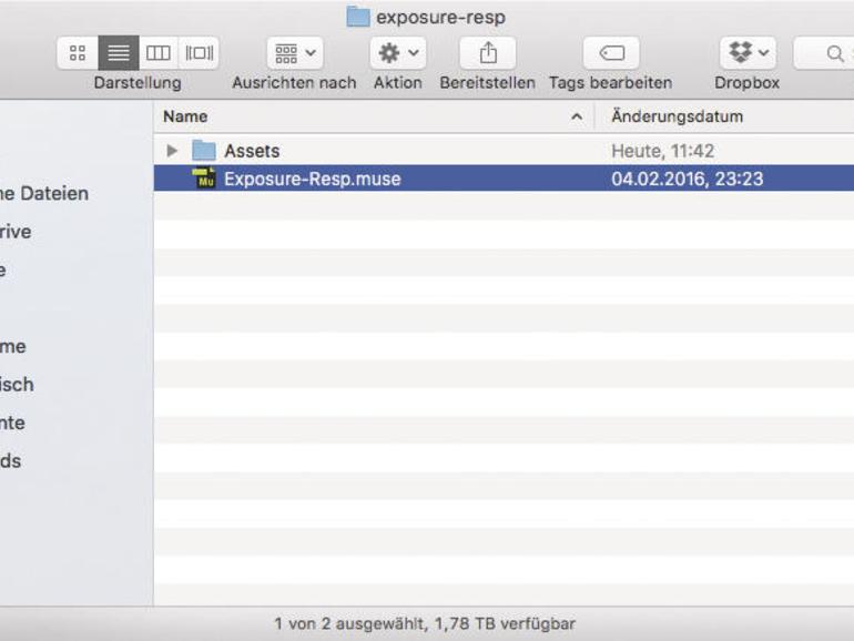 Das geladene Paket enthält neben der Layout-Datei mit der Endung „.muse“ einen Ordner mit den verwendeten Elementen wie Bildern und Icons. Du kannst den Ordner an eine beliebige Stelle auf deinem Mac verschieben.