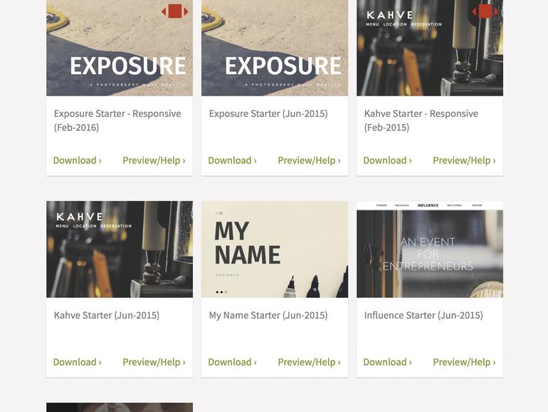 Für den Einstieg empfiehlt sich das Arbeiten mit einem Starter-Design. In unserem Beispiel laden wir die Vorlage „Exposure“ herunter.
