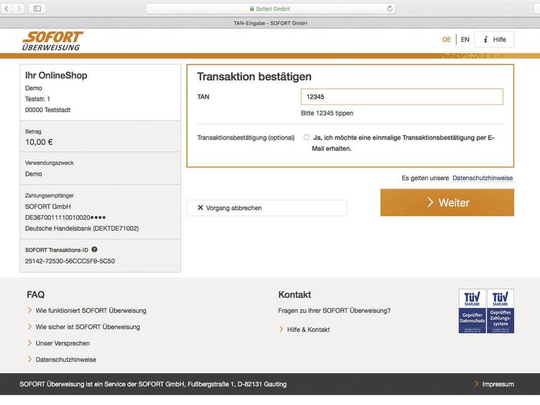 Beim Bezahlvorgang wird man auf die Internet-Seite von SOFORT-Überweisung geleitet, wo man die vorausgefüllte Überweisung mit seinen Online-Banking-Zugangsdaten freigibt.