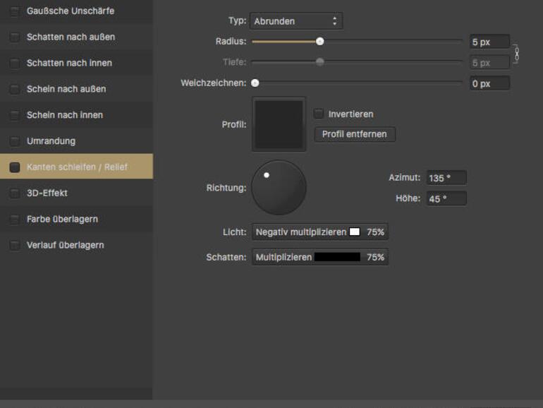 In einem eigenen Fenster stehen die zehn Ebeneneffekte bereit. Jegliche Einstellungen zu den Effekten triffst du in diesem Fenster. Sie wirken sich lediglich auf die aktuelle Ebene aus und werden in dem Fenster mit einem Haken vor dem Namen aktiviert oder deaktiviert.