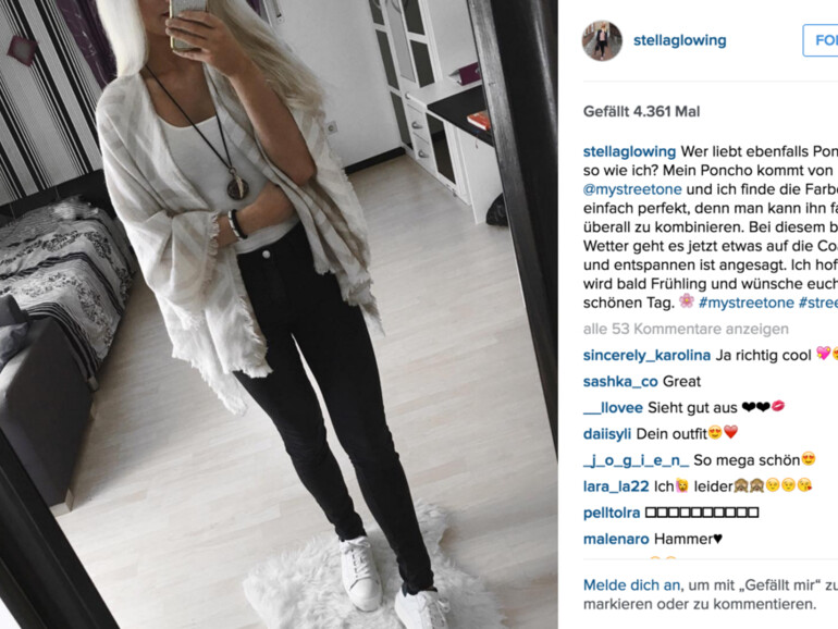 Vanessa Klingenberg aka @stellaglowing (117.000 Abonnenten) unterstützte das deutsche Modeunternehmen Street One 2016 als Influencer unter Einbeziehung des Hashtags „#mystreetone“.
