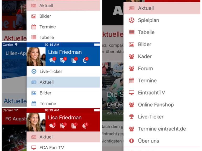 Collage: iPhone-Apps von Eintracht Frankfurt weist Ähnlichkeiten mit denjenigen von Mainz, Augsburg und u. a. Darmstadt 98 auf. Alle wurden vom selben Entwickler, Tobit Software, produziert.