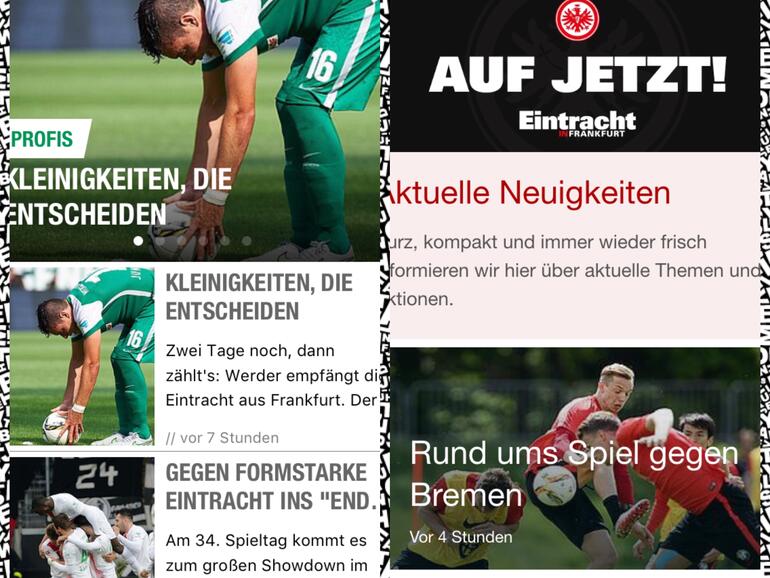 Collage: iPhone-Apps von Werder Bremen und Eintracht Frankfurt im optischen Vergleich.