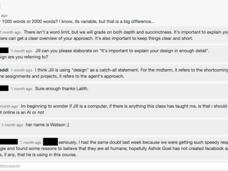 Screenshot zeigt Chatverlauf mit Jill Watson, als Studenten skeptisch werden.